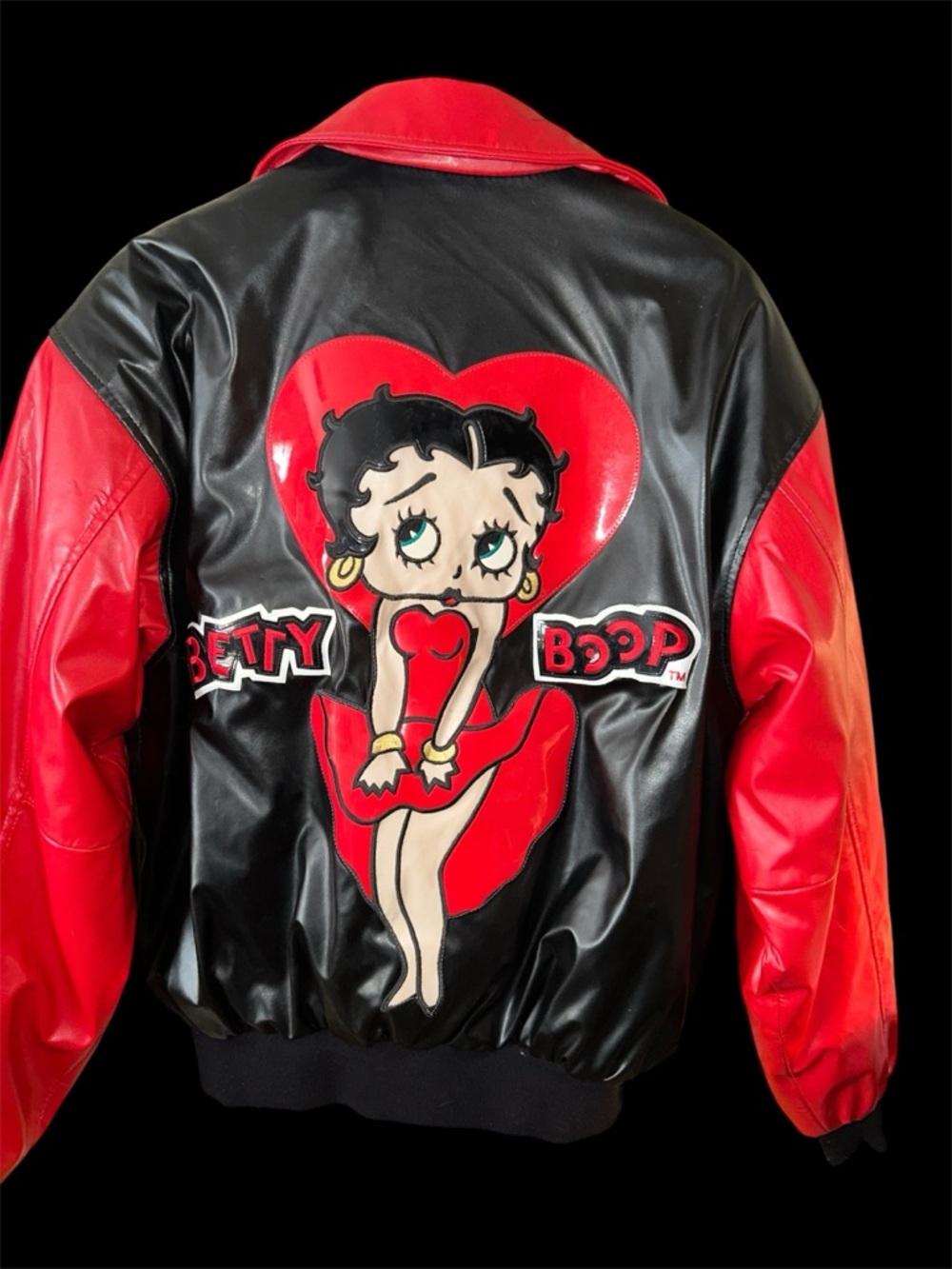 Betty Boop Vintage  Bomber Jacket Black Red Faux Leather Y2K Streetwear LG
